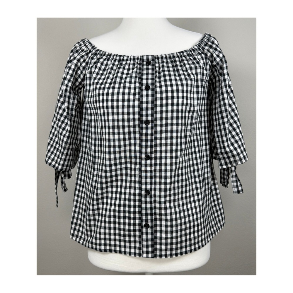 Blue Rain Gingham Off Shoulder Blouse Womens XS Peasant Cottagecore Farmhouse